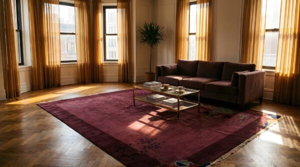 Antique floral wool hand knotted pile purple 1925 rug 9 Antique floral wool hand knotted pile purple 1925 rug (sku 25625) - room view