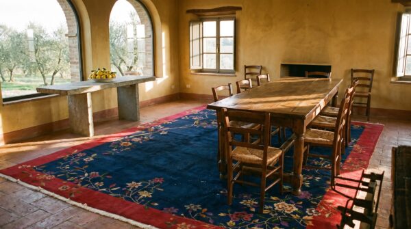 Floral wool rectangle hand knotted pile blue 1920s antique rug 7 Floral wool rectangle hand knotted pile blue 1920s antique rug (sku 24497) - room view