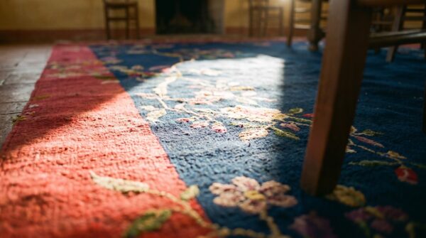 Floral wool rectangle hand knotted pile blue 1920s antique rug 8 Floral wool rectangle hand knotted pile blue 1920s antique rug (sku 24497) - in-room detail