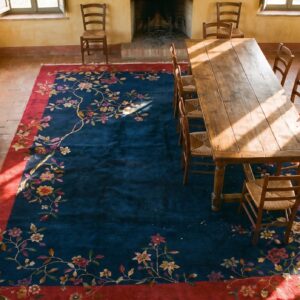 Floral Wool Rectangle Hand Knotted Pile Blue 1920s Antique Rug (SKU 24497) - styled overhead view