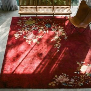 Floral Antique Red Chinese Art Deco Rug (SKU 24975) - styled overhead view
