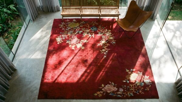 Floral antique red chinese art deco rug 2 Floral antique red chinese art deco rug (sku 24975) - styled overhead view