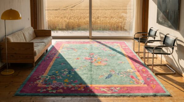 Floral seafoam green color antique chinese art deco rug 8 Floral seafoam green color antique chinese art deco rug (sku 22291) - room view