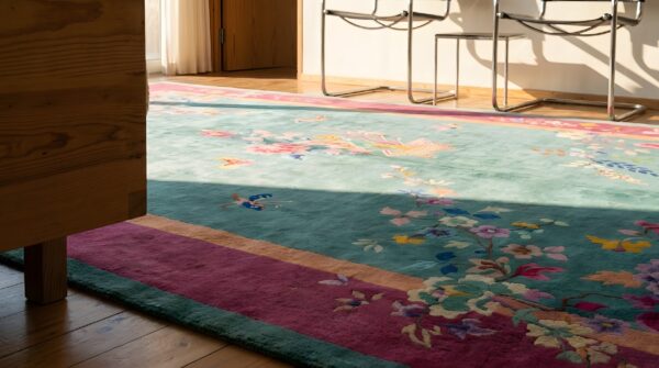 Floral seafoam green color antique chinese art deco rug 9 Floral seafoam green color antique chinese art deco rug (sku 22291) - in-room detail