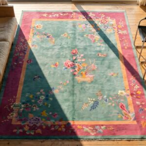 Floral Seafoam Green Color Antique Chinese Art Deco Rug (SKU 22291) - styled overhead view