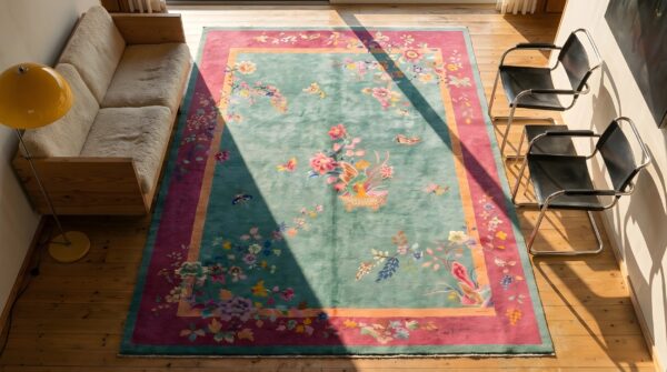 Floral seafoam green color antique chinese art deco rug 2 Floral seafoam green color antique chinese art deco rug (sku 22291) - styled overhead view