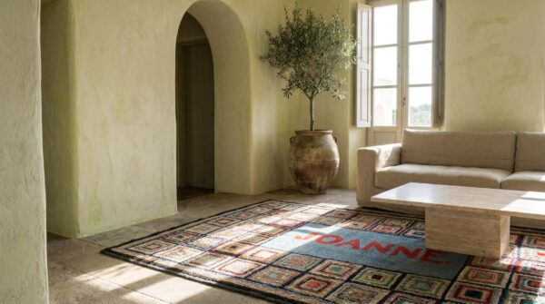 Folk art pattern antique american hooked rug signed joanne (sku 17474) - room view