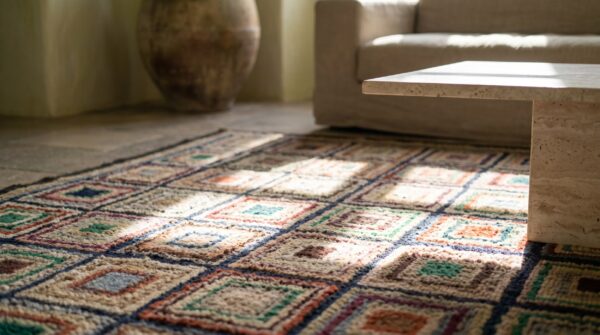 Folk art pattern antique american hooked rug signed joanne (sku 17474) - in-room detail