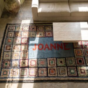 Folk Art Pattern Antique American Hooked Rug Signed Joanne (SKU 17474) - styled overhead view