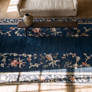 Framed Antique Blue Chinese Koi Fish Design Textile (SKU 24536) - styled overhead view