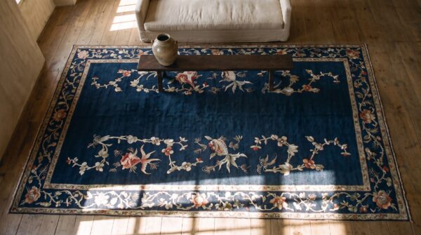 Framed antique blue chinese koi fish design textile 2 Framed antique blue chinese koi fish design textile (sku 24536) - styled overhead view