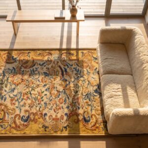 Antique French Allover Floral Flat Weave Rug (SKU 25095) - styled overhead view
