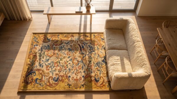 Antique french allover floral flat weave rug 2 Antique french allover floral flat weave rug (sku 25095) - styled overhead view