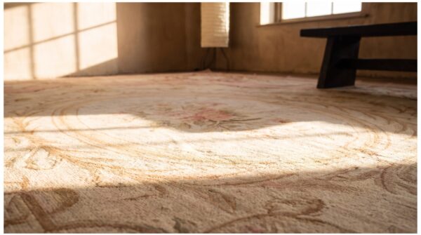 Antique french aubusson carpet 10'10"×15' ivory field, rose pink border, napoleon iii, circa 1880 11 Antique french aubusson carpet 10'10"×15' ivory field, rose pink border, napoleon iii, circa 1880 (sku 21472) - in-room detail