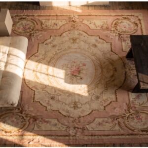 Antique French Aubusson Carpet 10'10"×15' Ivory Field, Rose Pink Border, Napoleon III, Circa 1880 (SKU 21472) - styled overhead view
