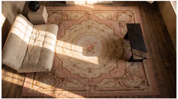 Antique french aubusson carpet 10'10"×15' ivory field, rose pink border, napoleon iii, circa 1880 2 Antique french aubusson carpet 10'10"×15' ivory field, rose pink border, napoleon iii, circa 1880 (sku 21472) - styled overhead view