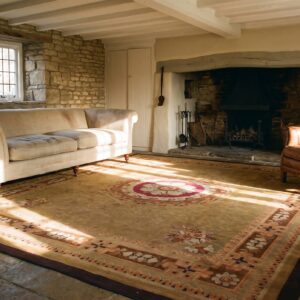 Antique French Empire Aubusson Carpet 11'×12'10" Olive Field, Chocolate Brown Border, Circa 1820 (SKU 23276) - room view