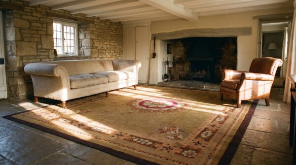 Antique french empire aubusson carpet 11'×12'10" olive field, chocolate brown border, circa 1820 (sku 23276) - room view
