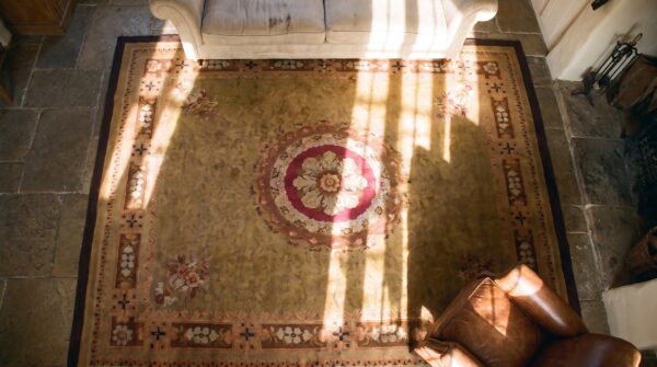 Antique french empire aubusson carpet 11'×12'10" olive field, chocolate brown border, circa 1820 (sku 23276) - styled overhead view
