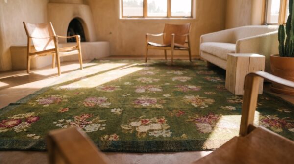 Antique french empire savonnerie carpet 8'×13'6" green & pink, circa 1820 (sku 19261) - in-room detail
