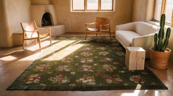 Antique french empire savonnerie carpet 8'×13'6" green & pink, circa 1820 (sku 19261) - styled overhead view