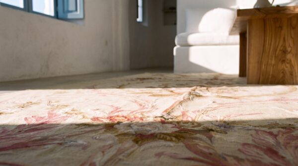Antique french floral, medallion flat weave rug 11 Antique french floral, medallion flat weave rug (sku 25098) - in-room detail