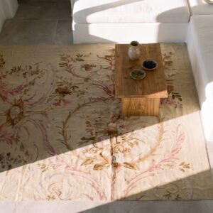 Antique French Floral, Medallion Flat Weave Rug (SKU 25098) - styled overhead view