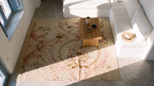 Antique french floral, medallion flat weave rug 2 Antique french floral, medallion flat weave rug (sku 25098) - styled overhead view