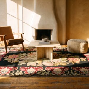 Antique French Needlepoint Carpet 5'2"×8'8" Black with Roses, Raspberry Border, Circa 1890 (SKU 19052) - room view