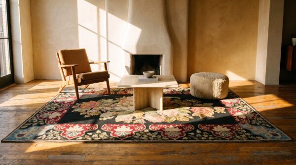 Antique french needlepoint carpet 5'2"×8'8" black with roses, raspberry border, circa 1890 (sku 19052) - room view