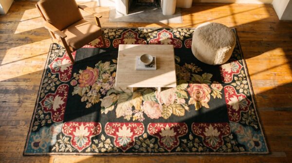 Antique french needlepoint carpet 5'2"×8'8" black with roses, raspberry border, circa 1890 (sku 19052) - styled overhead view
