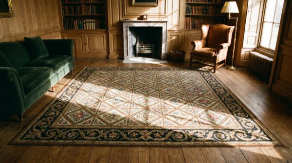 Antique french needlepoint square floral carpet 13 Antique french needlepoint square floral carpet (sku 18985) - room view