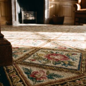 Antique French Needlepoint Square Floral Carpet (SKU 18985) - in-room detail