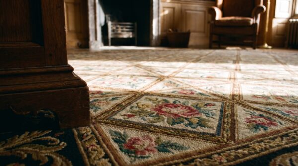 Antique french needlepoint square floral carpet 14 Antique french needlepoint square floral carpet (sku 18985) - in-room detail