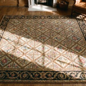 Antique French Needlepoint Square Floral Carpet (SKU 18985) - styled overhead view