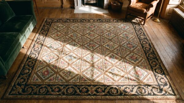Antique french needlepoint square floral carpet 2 Antique french needlepoint square floral carpet (sku 18985) - styled overhead view