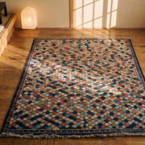 Antique Gabbeh Small Scatter Size Wool Multicolor Rug (SKU 18909) - styled overhead view