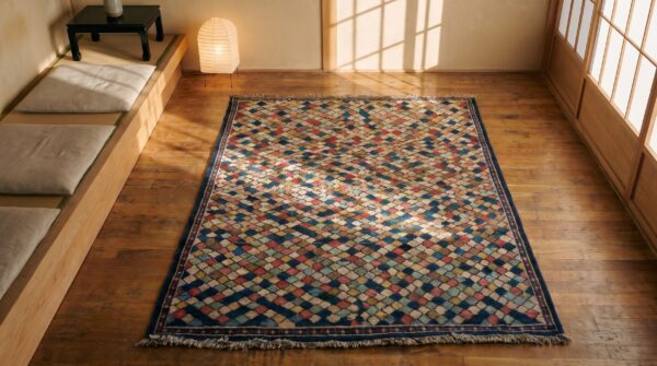 Antique gabbeh small scatter size wool multicolor rug 2 Antique gabbeh small scatter size wool multicolor rug (sku 18909) - styled overhead view