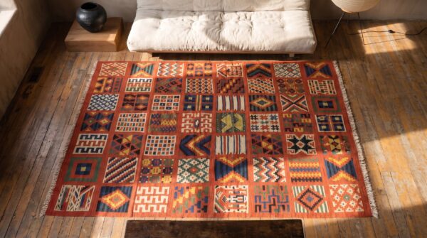 Antique gafsa tunisia knotted rug 2 Antique gafsa tunisia knotted rug (sku 20884) - styled overhead view