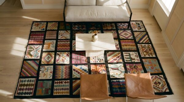 Antique gafsa tunisia flat weave rug (sku 25701) - styled overhead view