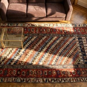 Geometric 8 Pointed Star Tribal Animal and Paisley Stripe Antique Persian Kurdish Hallway Runner Rug (SKU 24394) - in-room detail
