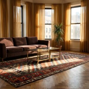 Geometric 8 Pointed Star Tribal Animal and Paisley Stripe Antique Persian Kurdish Hallway Runner Rug (SKU 24394) - styled overhead view