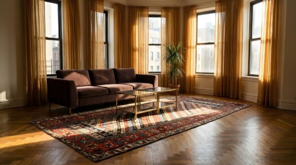 Geometric 8 pointed star tribal animal and paisley stripe antique persian kurdish hallway runner rug 2 Geometric 8 pointed star tribal animal and paisley stripe antique persian kurdish hallway runner rug (sku 24394) - styled overhead view
