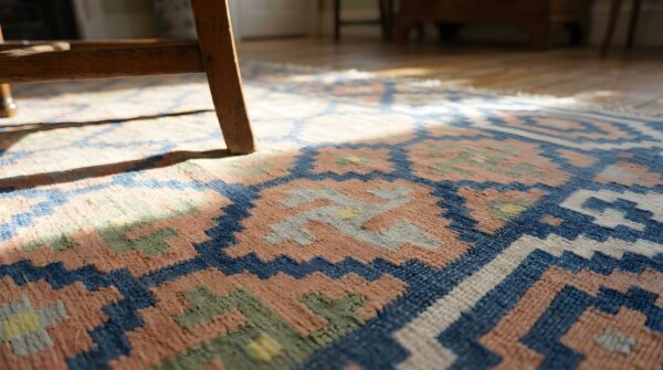 Antique geometric allover pattern room size cotton dhurrie kilim rug 11 Antique geometric allover pattern room size cotton dhurrie kilim rug (sku 24990) - in-room detail