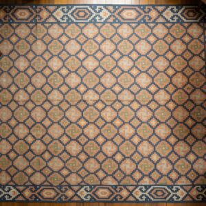 Antique Geometric Allover Pattern Room Size Cotton Dhurrie Kilim Rug (SKU 24990) - styled overhead view