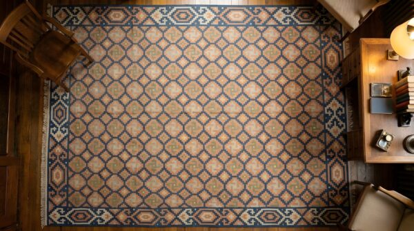 Antique geometric allover pattern room size cotton dhurrie kilim rug 2 Antique geometric allover pattern room size cotton dhurrie kilim rug (sku 24990) - styled overhead view