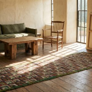 Antique Geometric American Folk Art Log Cabin Pattern Hooked Hall Runner Rug (SKU 21677) - room view
