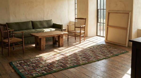 Antique geometric american folk art log cabin pattern hooked hall runner rug 7 Antique geometric american folk art log cabin pattern hooked hall runner rug (sku 21677) - room view