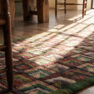 Antique Geometric American Folk Art Log Cabin Pattern Hooked Hall Runner Rug (SKU 21677) - in-room detail