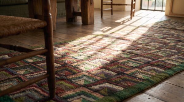 Antique geometric american folk art log cabin pattern hooked hall runner rug 8 Antique geometric american folk art log cabin pattern hooked hall runner rug (sku 21677) - in-room detail